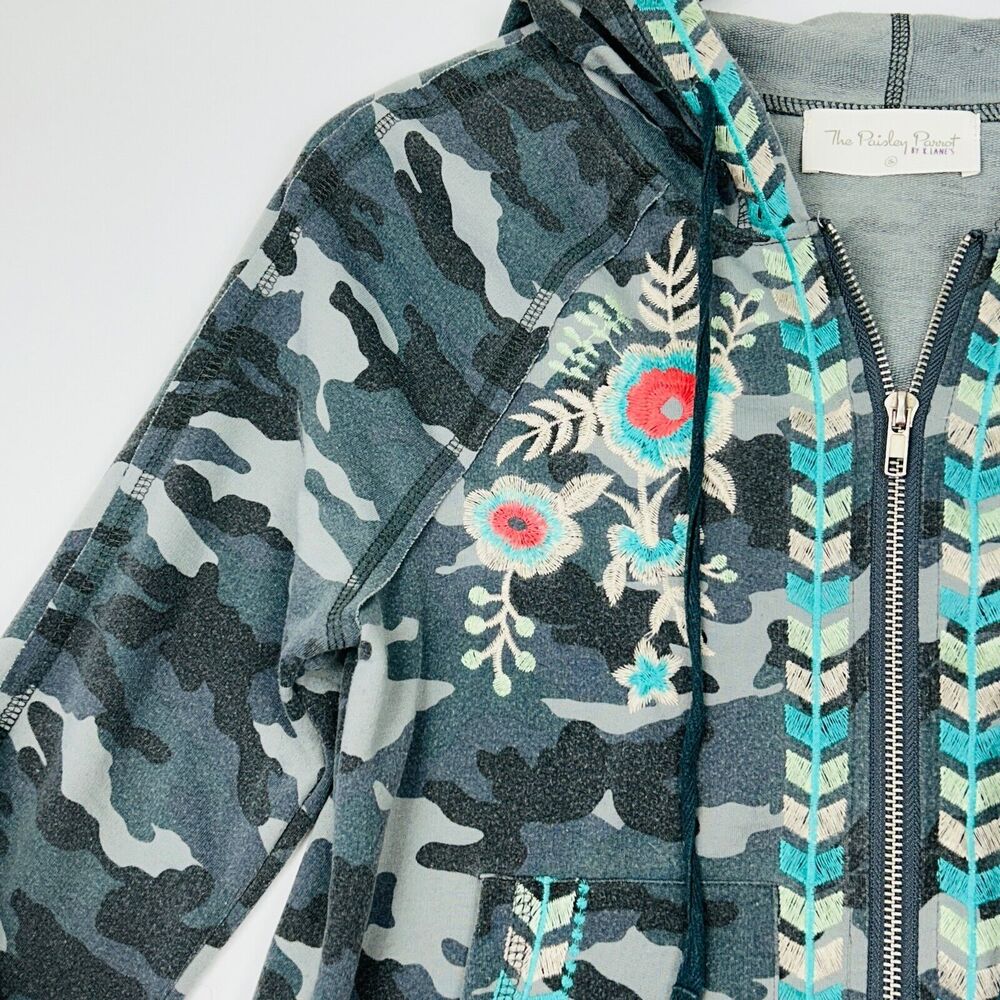 Women's Camouflage Hoodie Full Zip Embroidered Raw Edge Army Gray S Shabby Chic - Picture 4 of 16